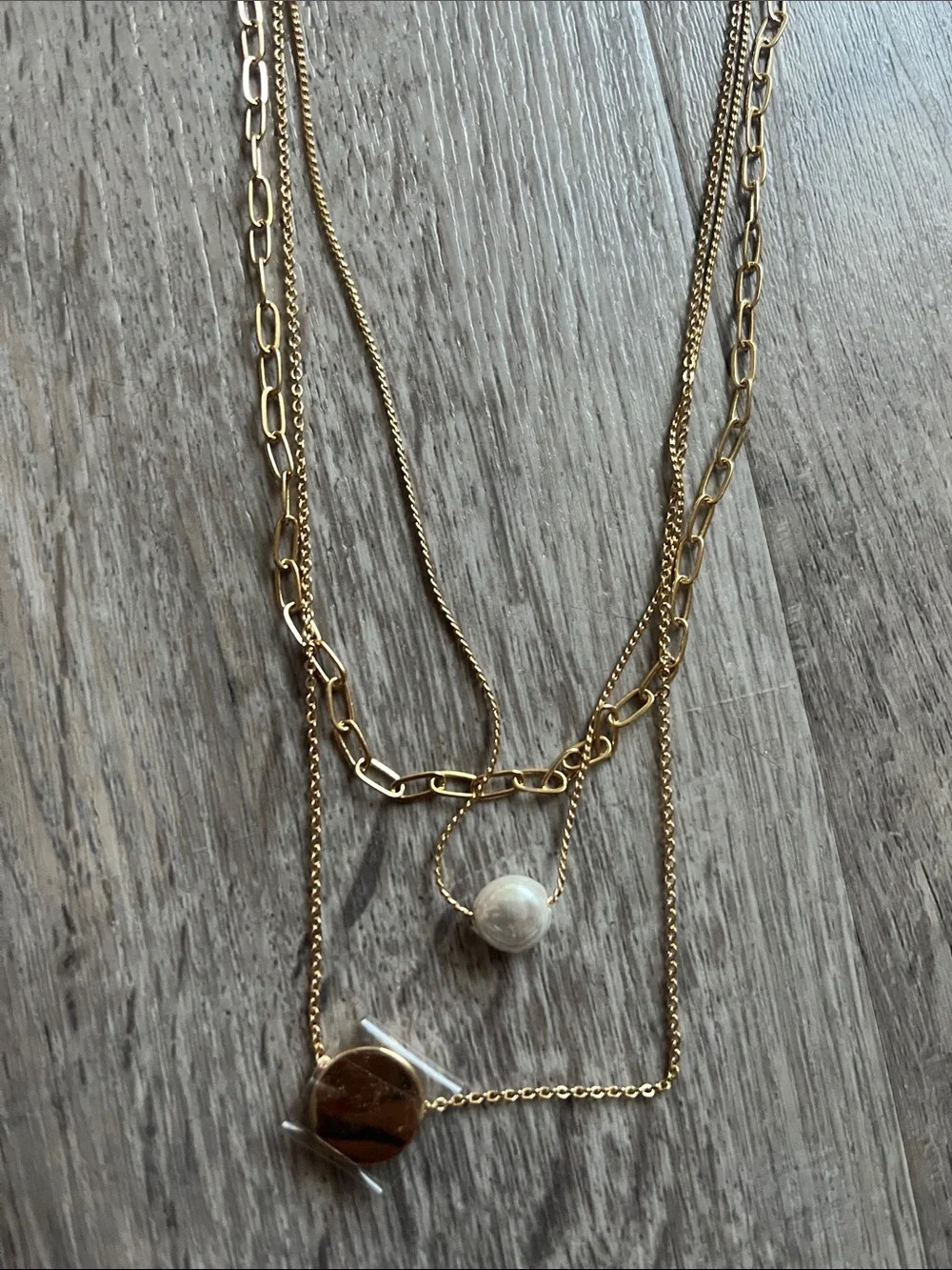 a new day Gold-Tone 3 Layered Necklace with Pearl and gold Charms
